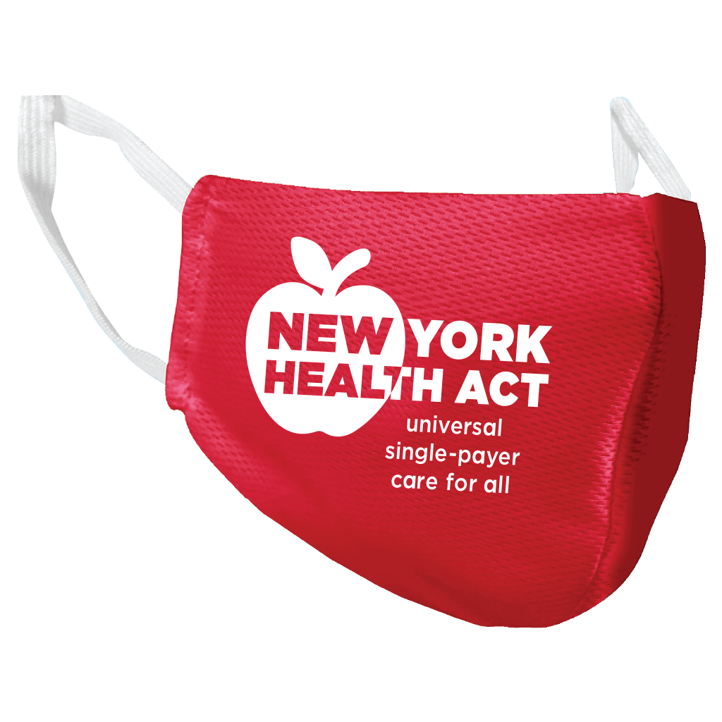 Image is a close up of the left side of the red New York Health Act face mask.