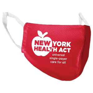 Image is a close up of the left side of the red New York Health Act face mask.